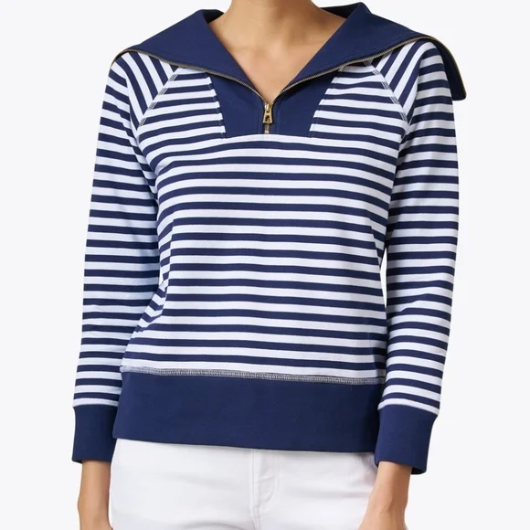 Tuckernuck Sail To Sablr Nautical Striped Navy and White Women's Top XS PTP 19 - Picture 1 of 5